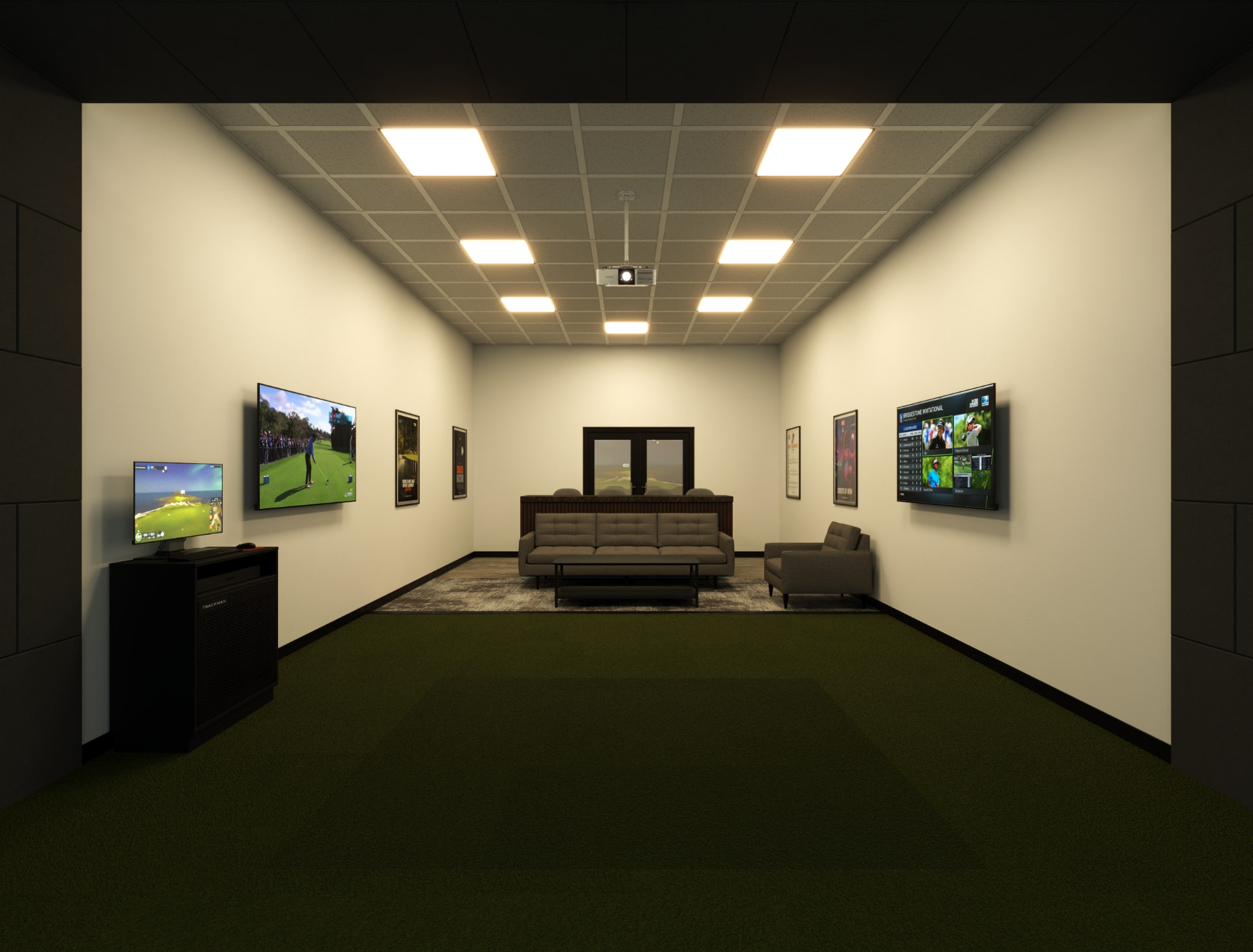 Render av loungeområdet med sofa, lenestoler og skjermer ved simulatorene