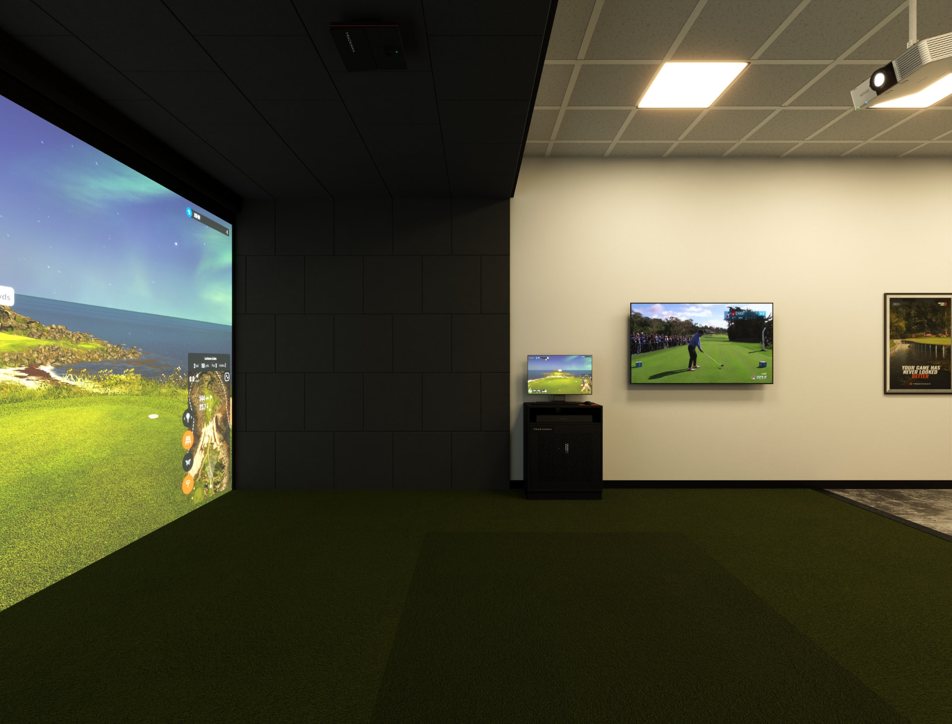Render av simulatorbås med TrackMan, skjerm og plass til å svinge