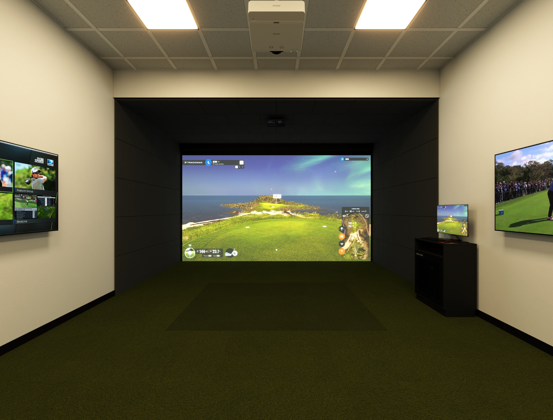 Render av TrackMan-bås med golfsimulator, lerret og grønt kunstgress
